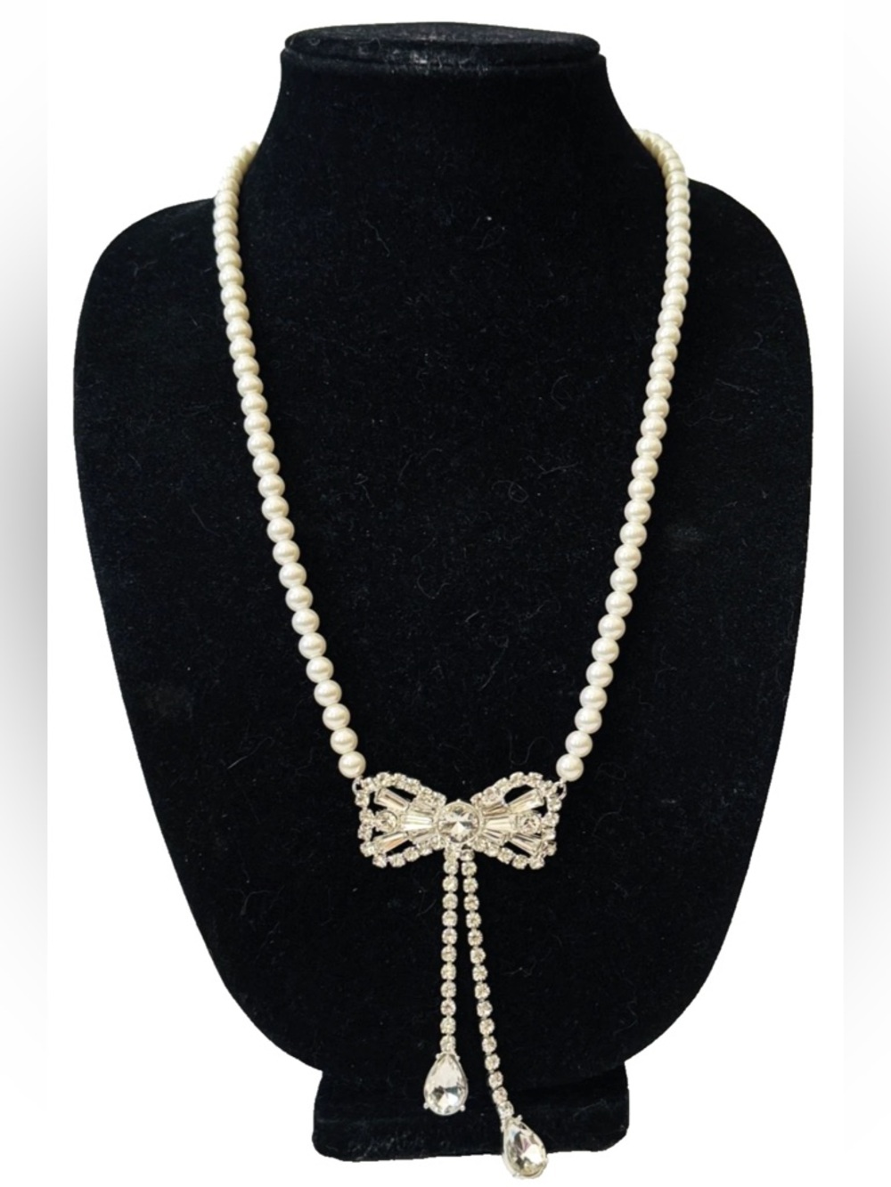 Talbots Rhinestone Bow Faux Pearl Bead Drop Necklace 26"-29” Long